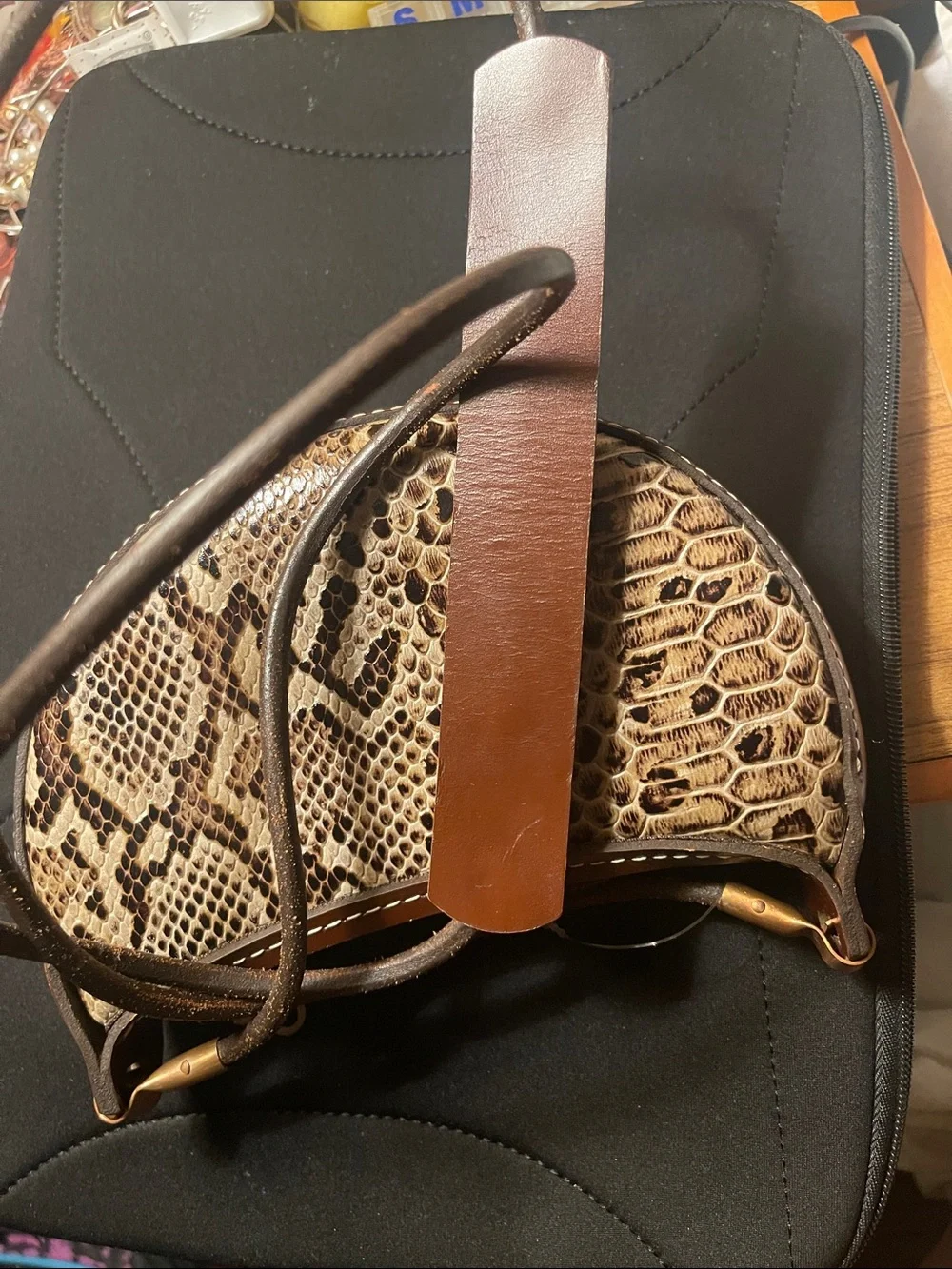 Handmade leather faux Snake-Embossed Crossbody Bag in rich Brown and Cream color